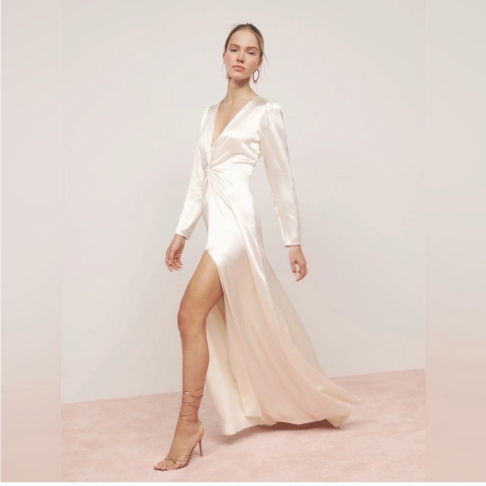 Reformation Dress Delphi Silk Slit Long-Sleeve Wedding Maxi Ivory 2 - Picture 3 of 15